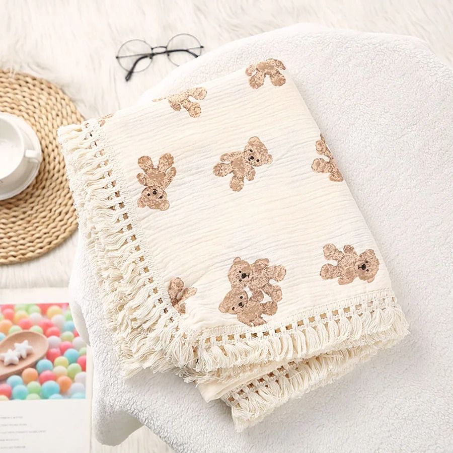 Cute Bear Cotton Muslin Swaddle Blanket & Breathable Summer Comforter for Newborns