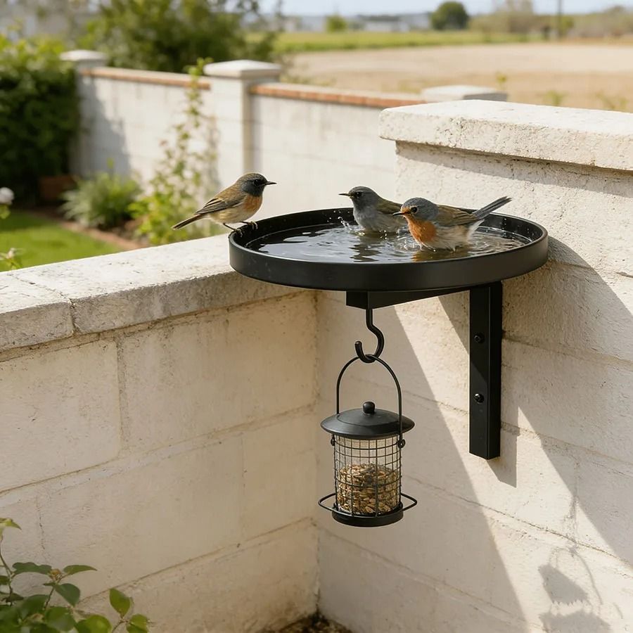 Wall-Mounted Metal Bird Bath & Feeder Hook - Outdoor Garden, Patio & Fence Decor