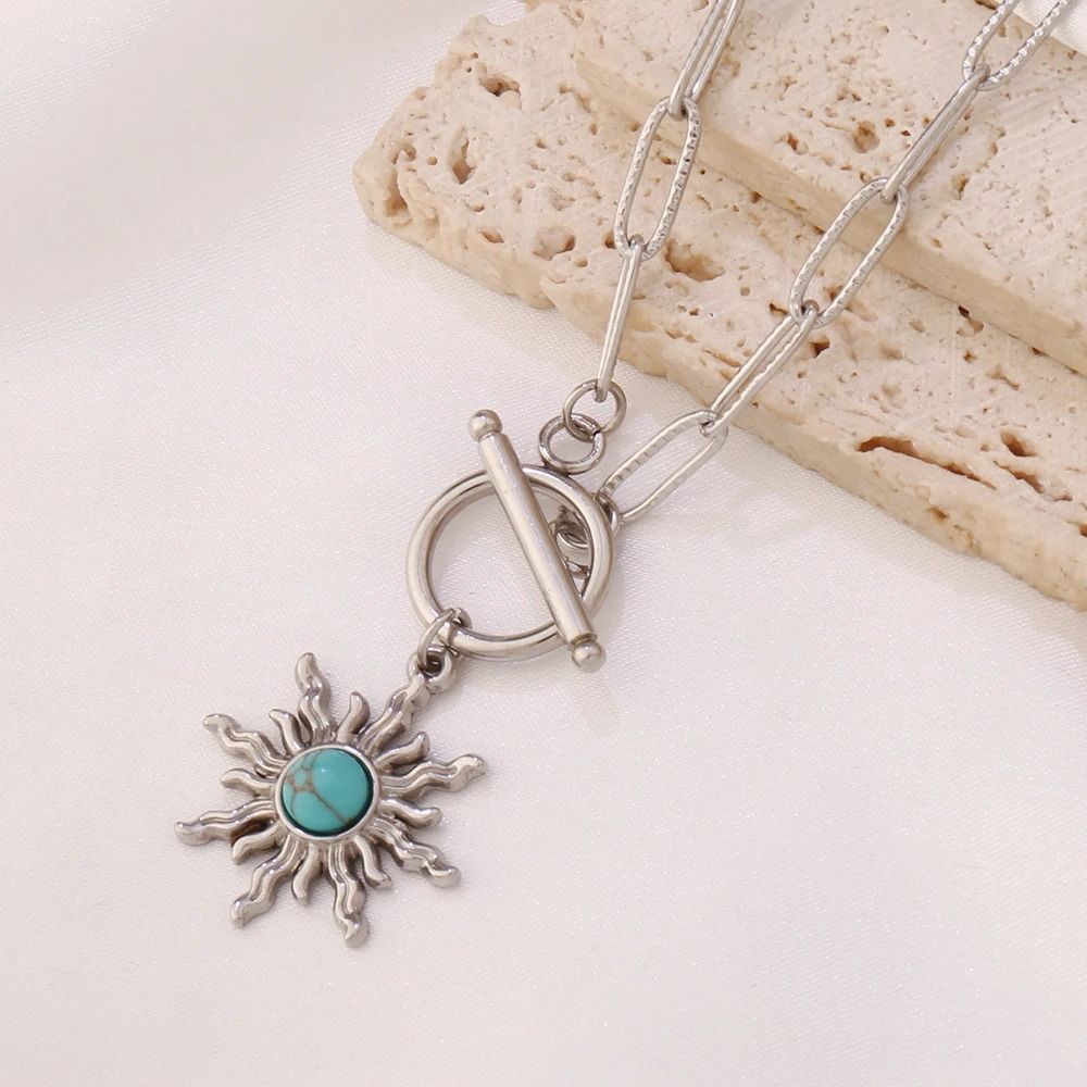 316L Stainless Steel Turquoise Sun Pendant Necklace - Gold Boho Celestial Choker