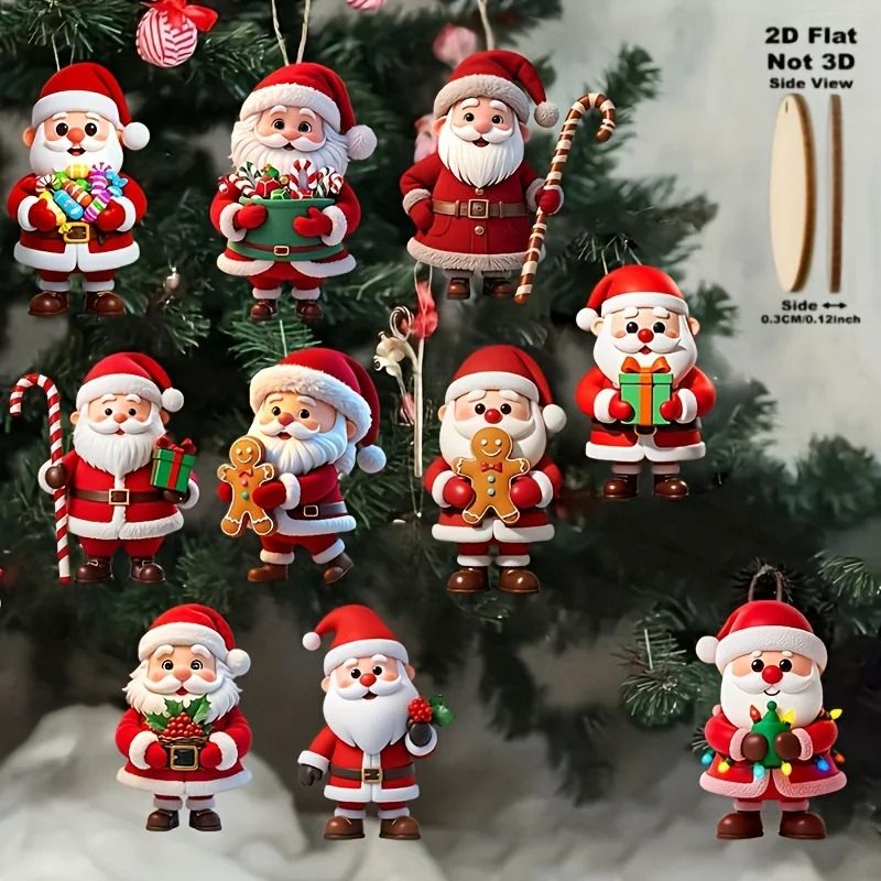 10Pcs Christmas Wooden Gingerbread Man & Santa Claus Flat Pendants - Holiday Tree Ornaments & Gift Decorations