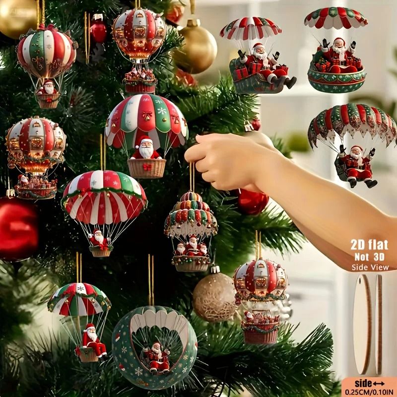 12Pcs Christmas Wooden Hanging Ornament Set - 2D Mobile Santa Claus & Hot Air Balloon Holiday Decor