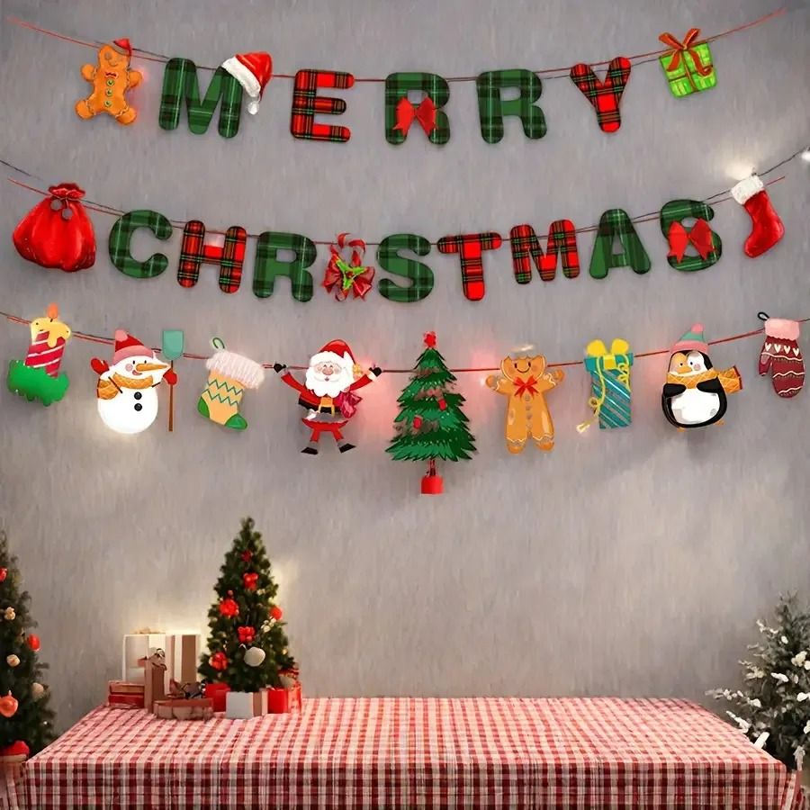 Merry Christmas Paper Hanging Banner Set - Santa Claus & Snowman Red & Green Holiday Garland Pendant Decor