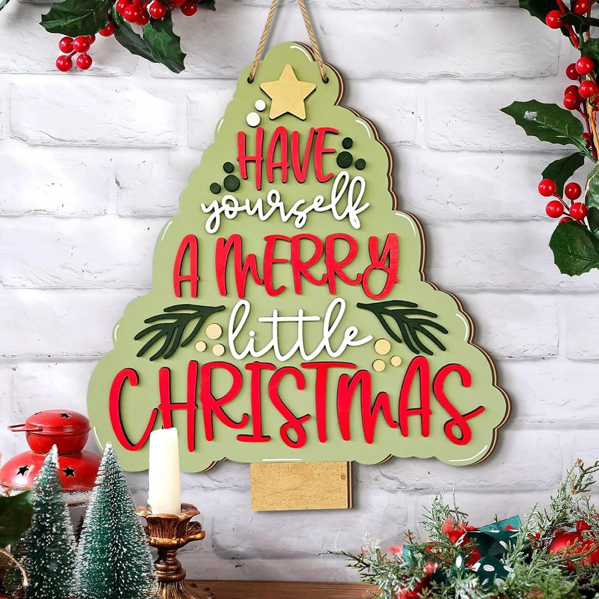 Rustic Wooden Christmas Tree Bell Ornament - "Have Yourself a Merry Little Christmas" Holiday Hanging Sign