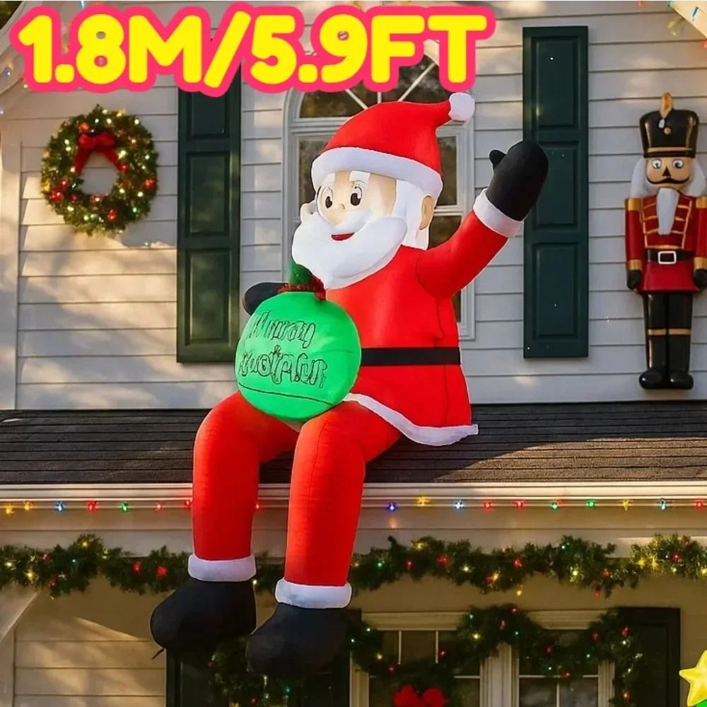 1.8m Inflatable Santa Claus on Roof with LED Lights - Outdoor Christmas Yard Lighting Decor