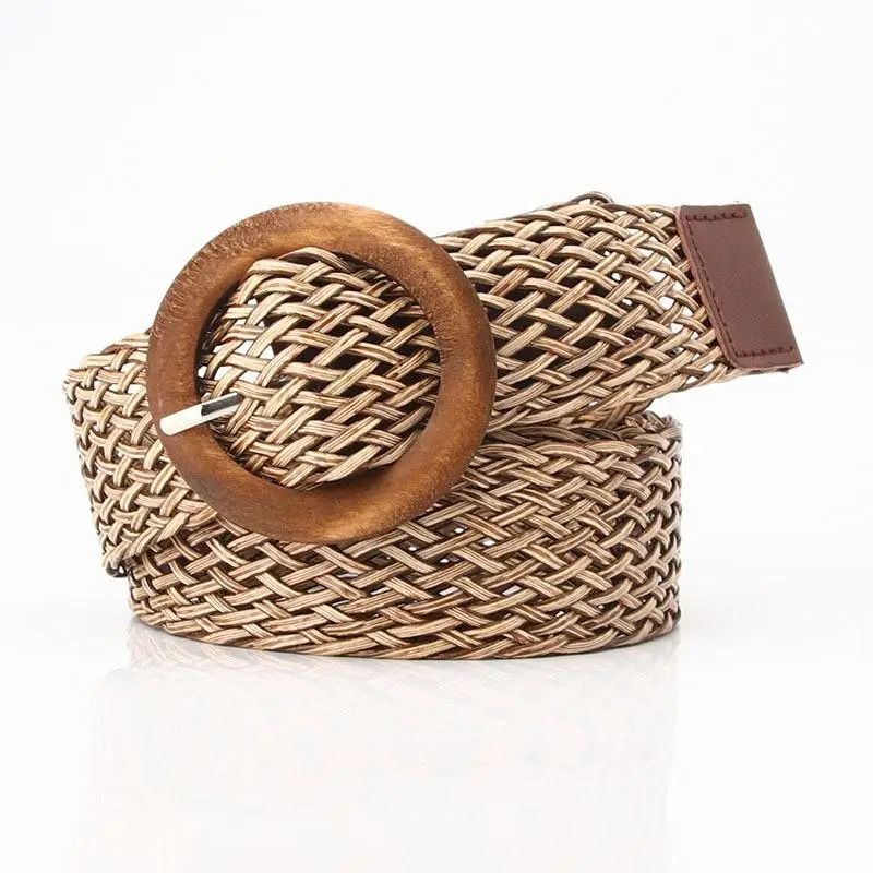Women's Boho Braided Elastic Stretch Belt - Vintage Faux Straw Woven Waistband with Buckle for Dresses