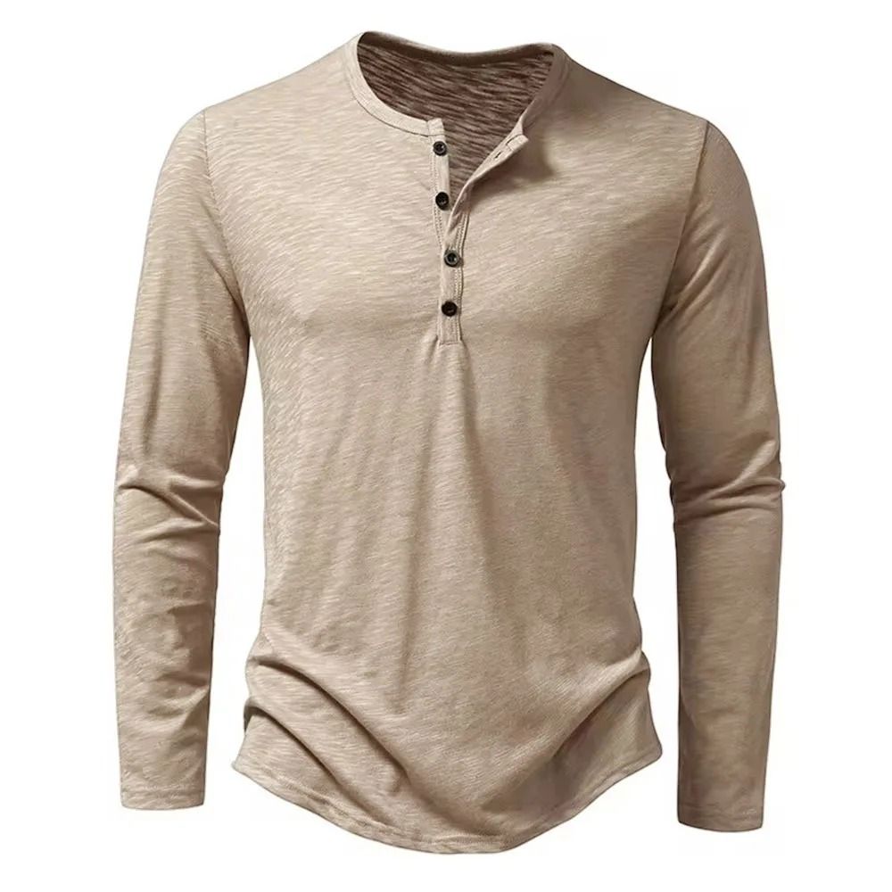 Men's Cotton Long Sleeve Henley T-Shirt - Autumn Casual Slim Fit Solid Color Breathable Button Top