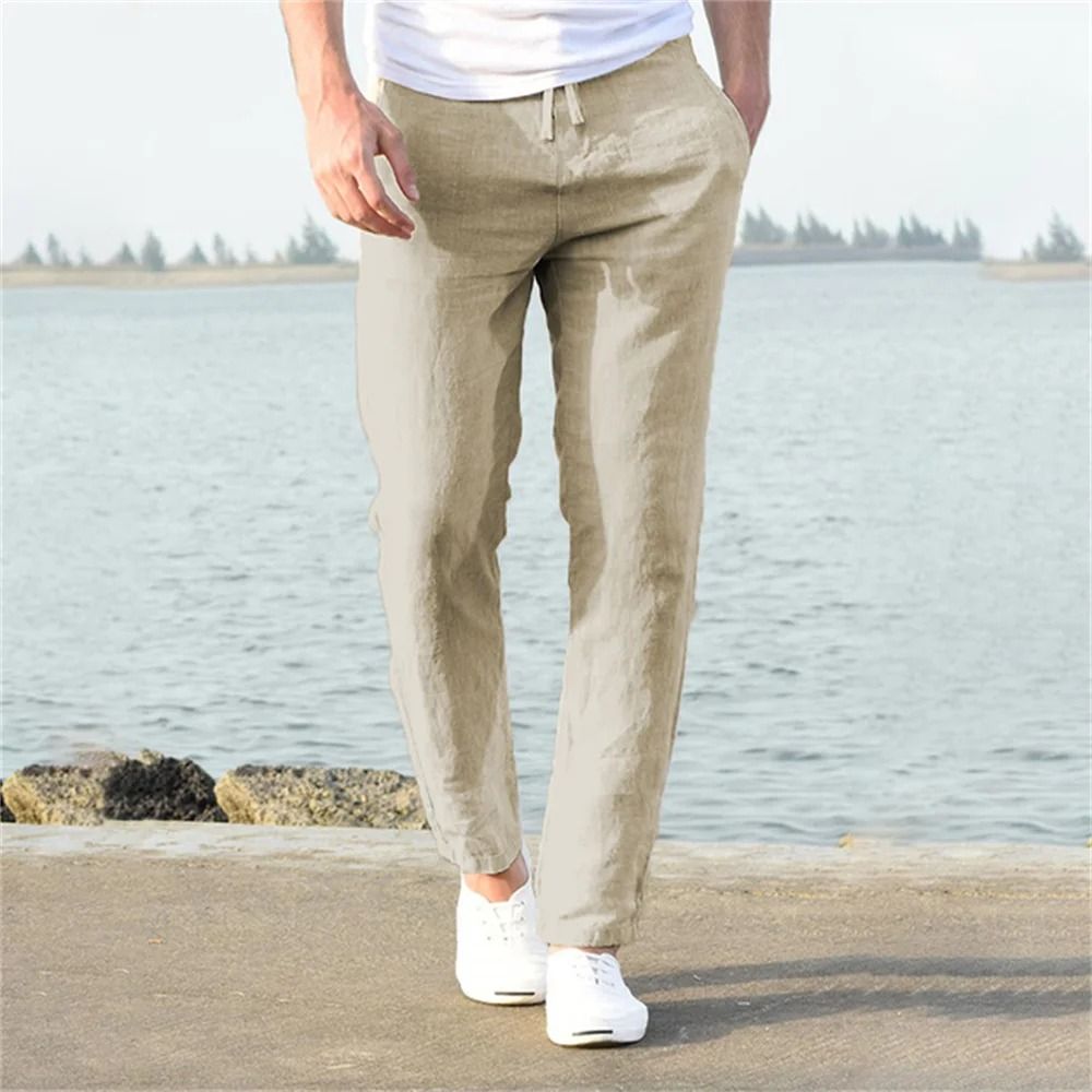 Men's Cotton Linen Pants - Breathable Solid Color Trousers for Casual Fitness & Streetwear