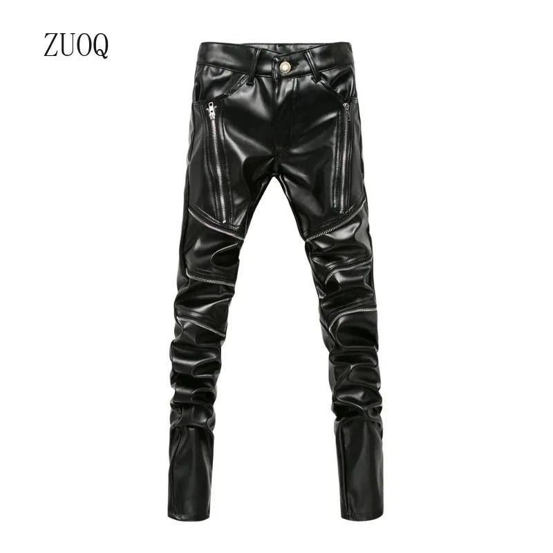 Men's Winter Skinny Biker PU Leather Pants - High Street Fashion Motorcycle Trousers for Club & Stage Wear