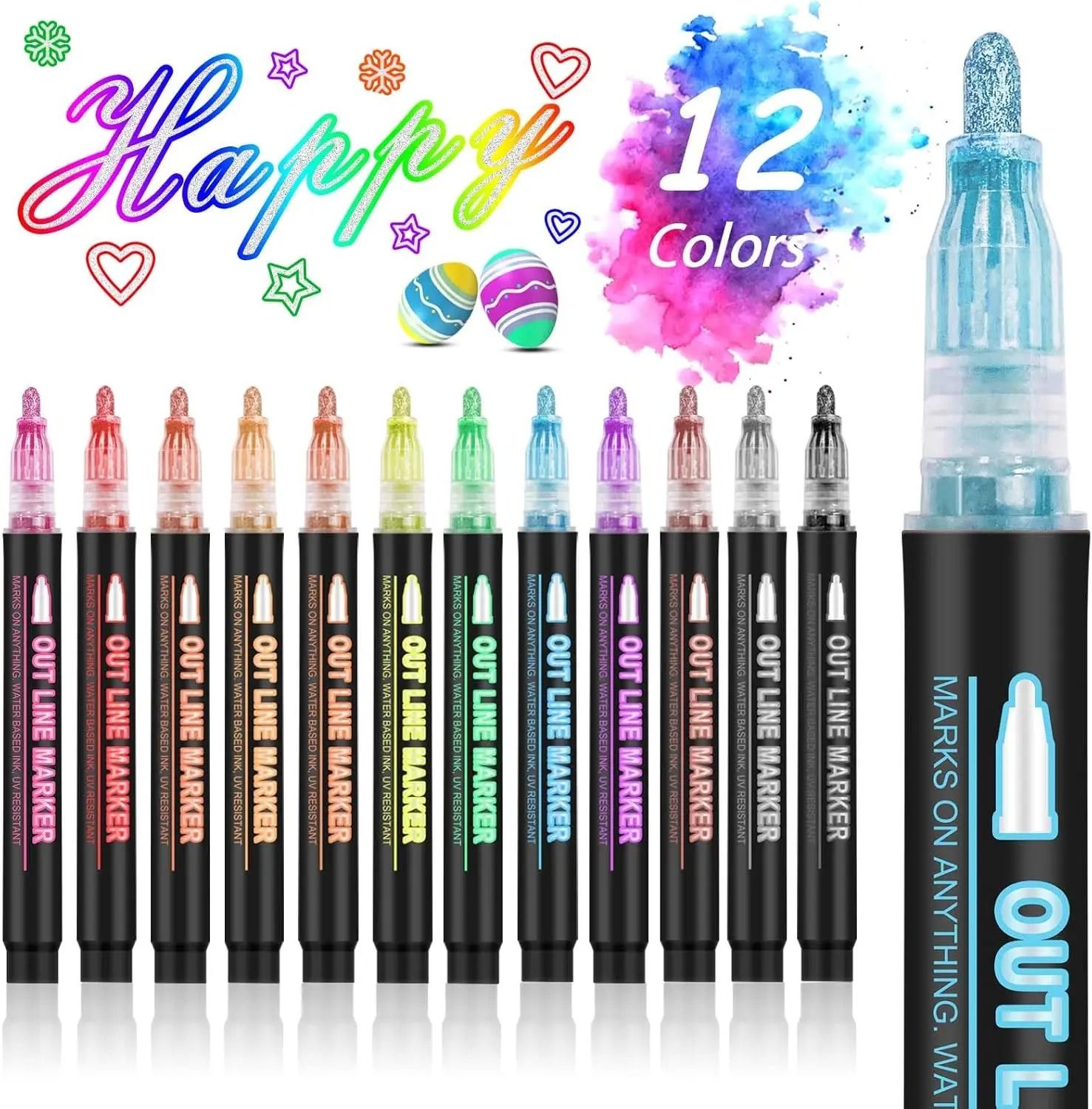 12-48 Colors Double Line Outline Metallic Highlighter Pens - Magic Glitter Markers Set