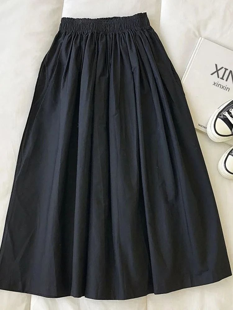 Women's White High-Waist A-Line Pleated Long Skirt with Pockets - Casual Elegant Midi Skirt