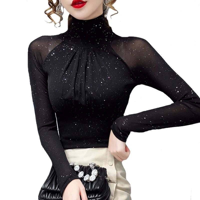 Korean Style Women's High-Neck Mesh Top - Sexy Sheer Black Lurex Bottoming Shirt & Long Sleeve Blouse