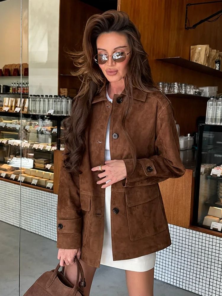 Women's Dark Brown Suede Coat - Single-Breasted Lapel Neck Autumn Outerwear with Pockets