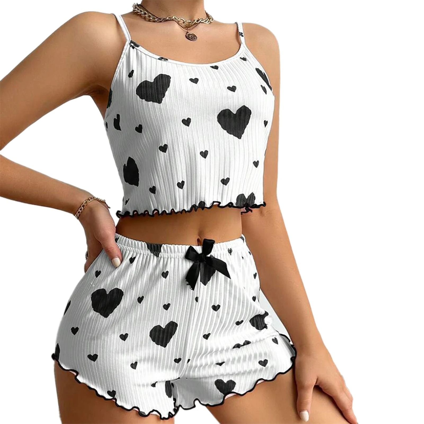 Women's 2-Piece Heart Print Pajama Set - Summer Camisole Sling Vest & Shorts Sleepwear Set
