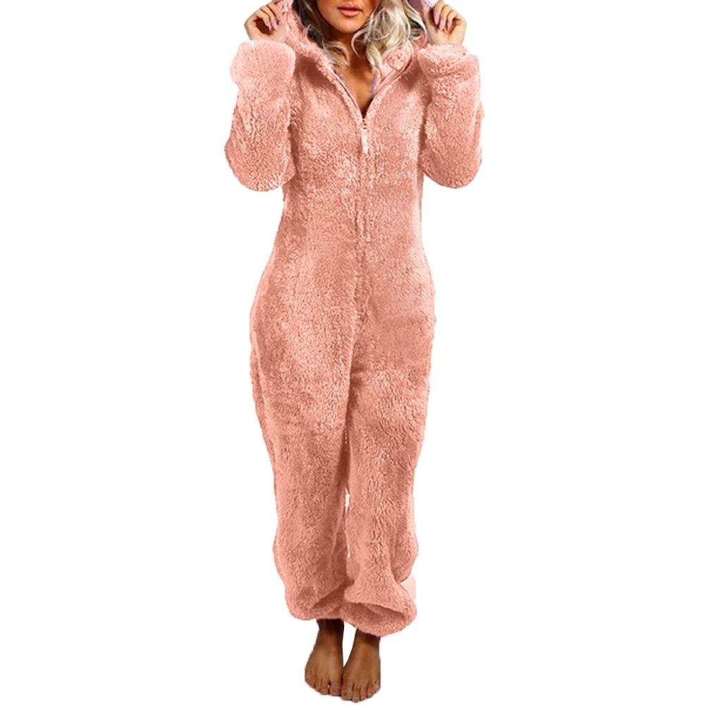 Women's Plush Flannel Hooded Romper - Warm Autumn & Winter Long-Sleeve Zipper Onesie Pajamas