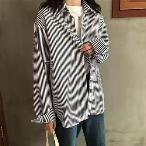 Retro Casual Blue Striped Women's Long-Sleeve Shirt - Spring & Autumn Relaxed Blouse