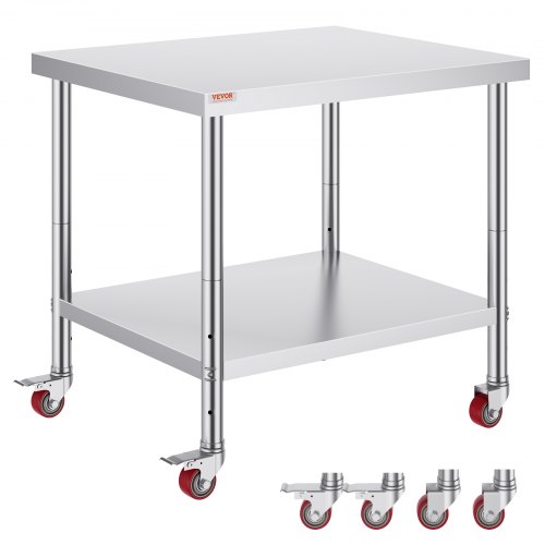 Stainless Steel Work Table, Heavy Duty Commercial Food Prep Worktable with Adjustable Shelf & Lockable Wheel