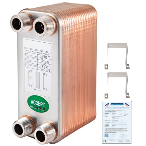 40 Plates Brazed Plate Heat Exchanger, 316L Stainless Steel, 3/4" MPT Ports, B3-12A for Beer Wort Chiller