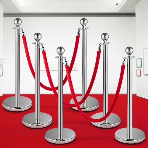 6 PCS Silver Stanchions Posts, Stainless Steel Queue Post with Red Velvet Rope (38In), Indoor & Outdoor Crowd Control