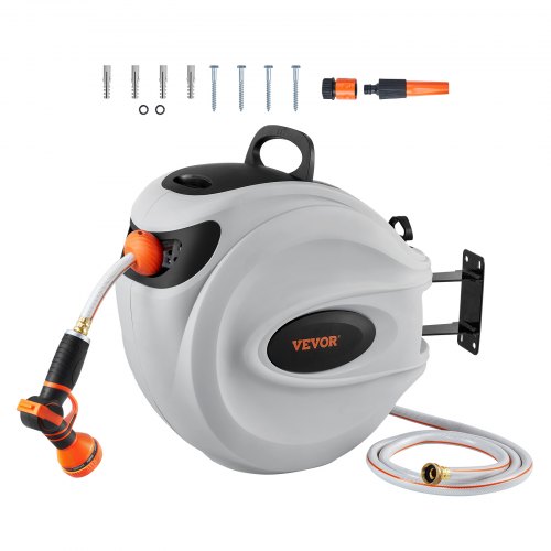 Retractable Garden Hose Reel Wall Mounted Swivel with Auto Rewind and Spray Nozzle