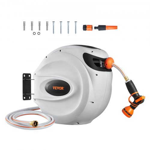 Retractable Garden Hose Reel Wall Mounted Auto Rewind with Swivel and Spray Nozzle
