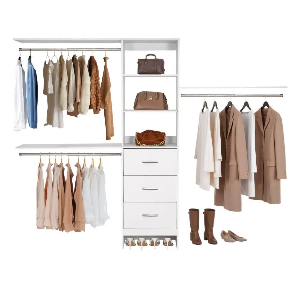 Closet System with 3 Drawers Adjustable Wooden Closet Organizer White