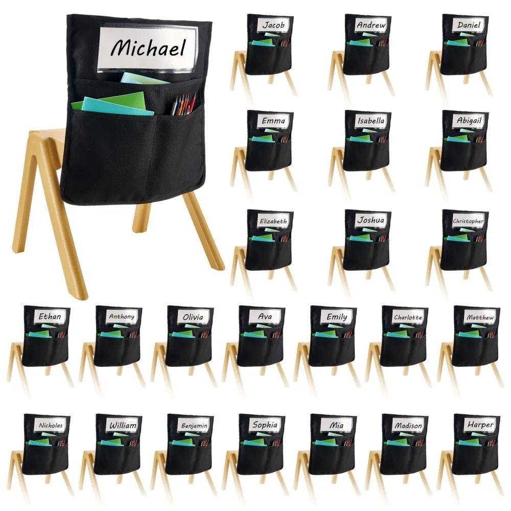 Classroom Chair Pockets 24 Pack Kids Seat Organizer with Name Tags Black