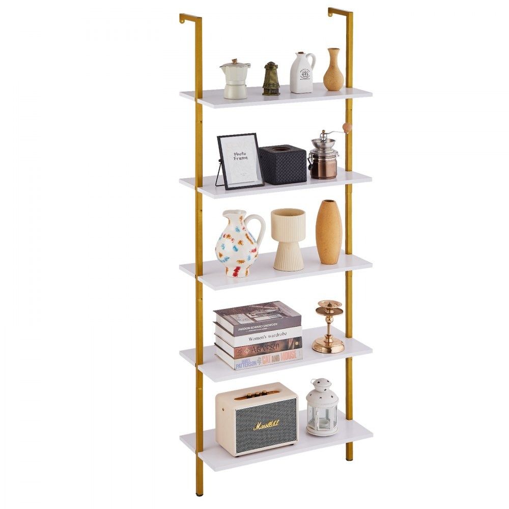 5 Tier Wall Mounted Ladder Shelf with Gold Metal Frame