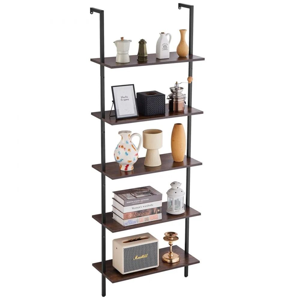 Industrial Pipe Shelf 5 Tier Wall Mounted Ladder Bookshelf