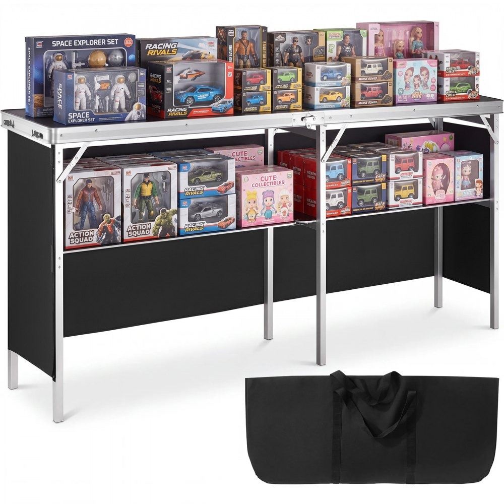 Extra Long Portable Trade Show Table with Storage Shelf and Carrying Bag