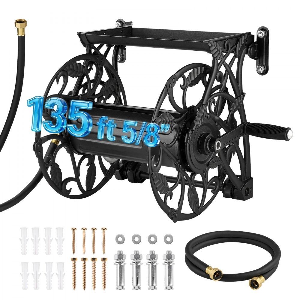 135 Ft Wall Mounted Garden Hose Reel Heavy Duty Metal Hose Storage