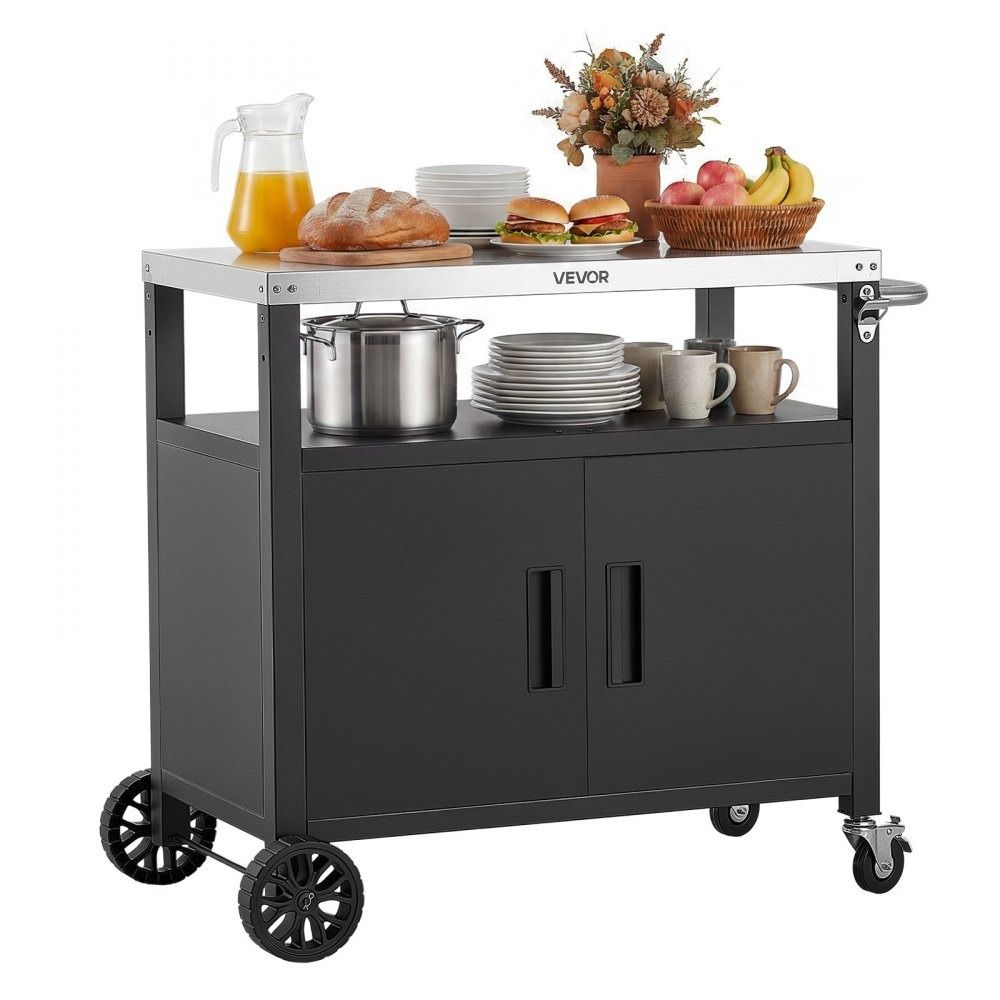 Outdoor Grill Cart with Storage Cabinet and Stainless Steel BBQ Prep Table
