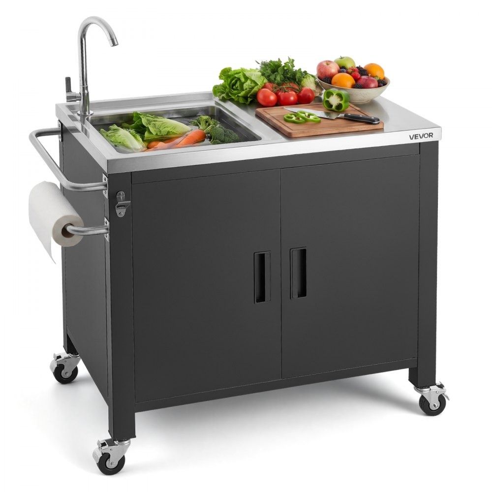 38 Inch Outdoor Grill Cart with Sink Stainless Steel BBQ Prep Table and Storage Cabinet