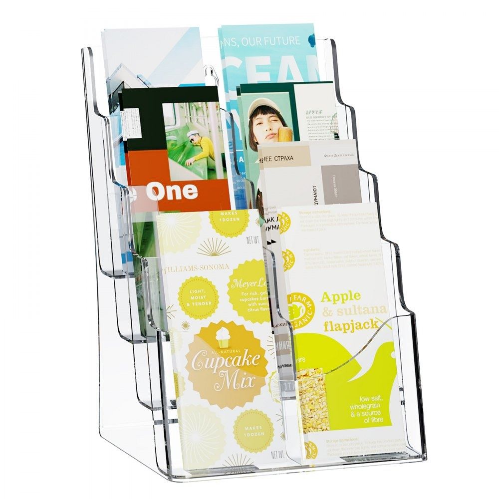 Clear Acrylic Brochure Holder 4 Tier Literature Display Stand with Removable Divider