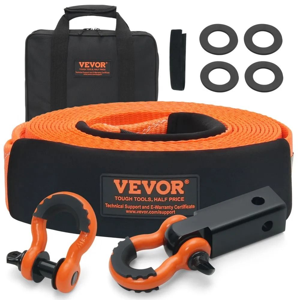 Heavy Duty Tow Strap Recovery Kit 30 Ft with D Ring Shackles and Hitch Receiver