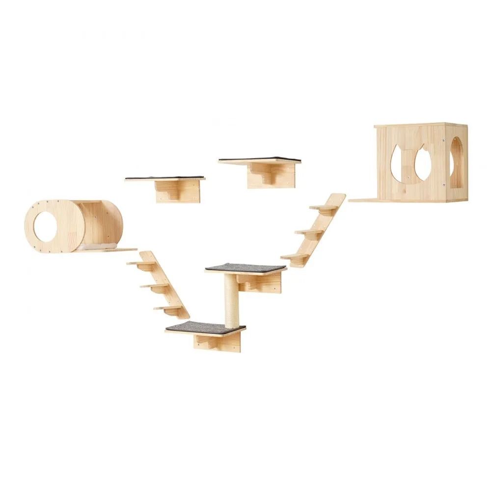 Wall Mounted Cat Shelves 7 Piece Pine Wood Cat Climbing Furniture Set with Hammocks and Perches