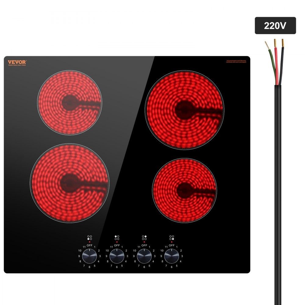 24 Inch Electric Cooktop 4 Burner 6000W Ceramic Radiant Stove Top with Knob Controls