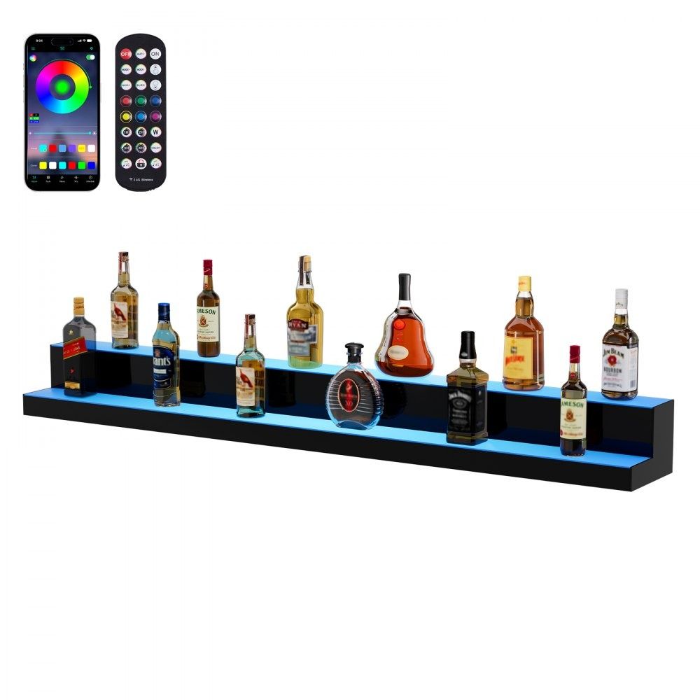 LED Lighted Liquor Bottle Display 2 Tier Acrylic Bar Shelf with RF Remote and App Control