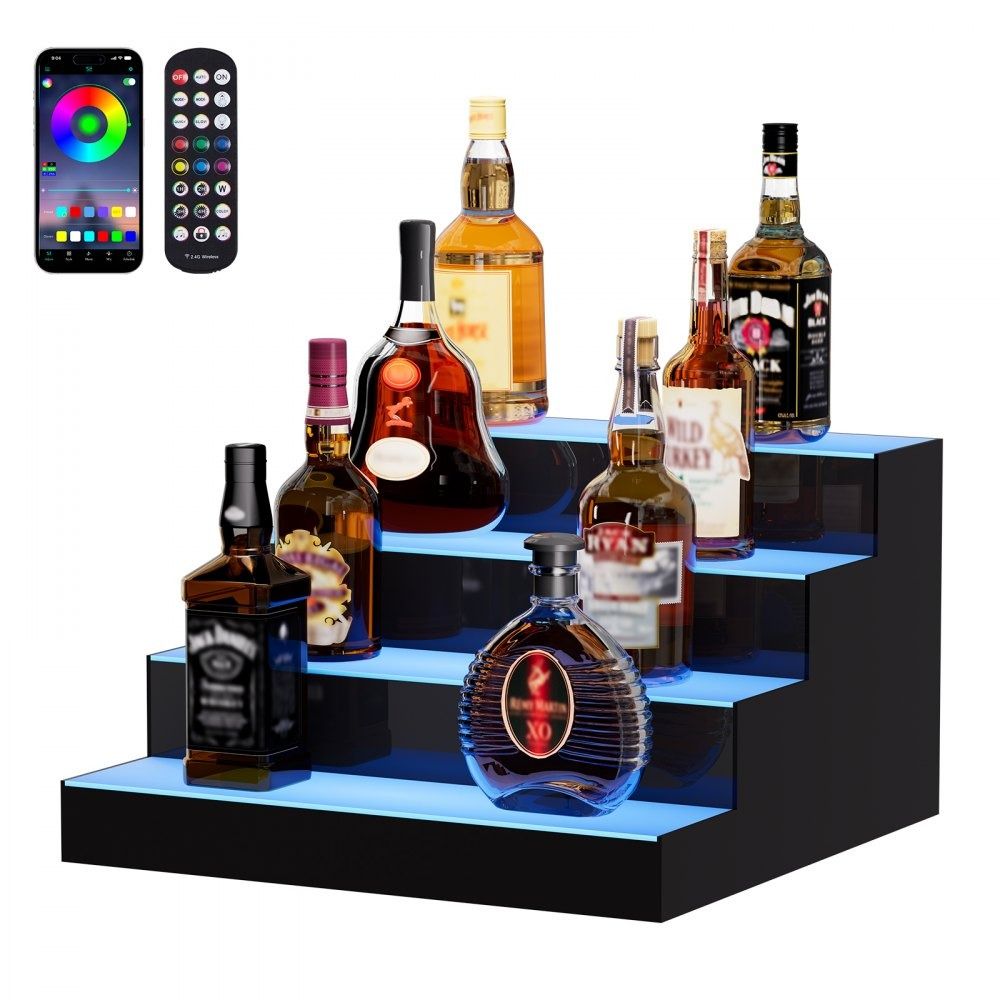 LED Lighted Liquor Bottle Display 4 Tier Acrylic Bar Shelf with RF Remote and App Control