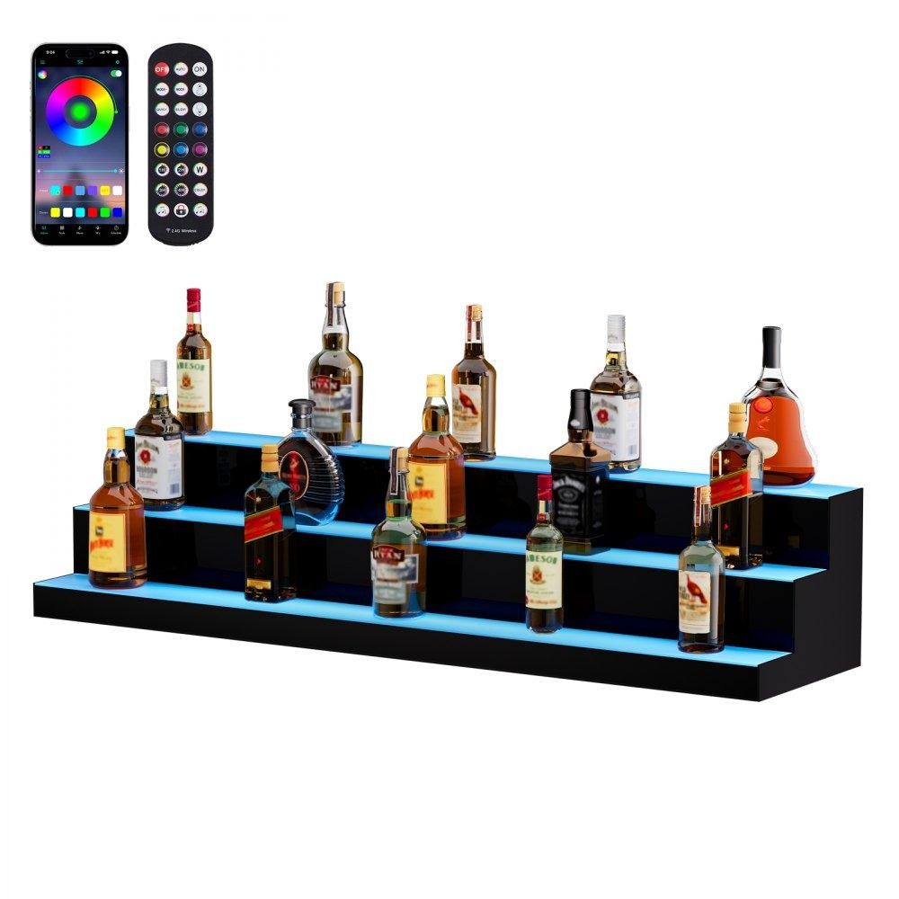 LED Lighted Liquor Bottle Display 48 Inch 3 Tier Acrylic Bar Shelf with App and RF Remote