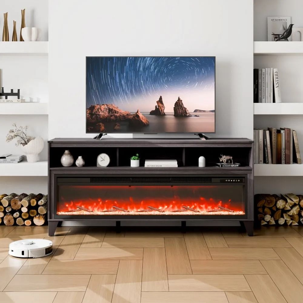 80 Inch Fireplace TV Stand with 60 Inch Electric Fireplace and LED Storage Console