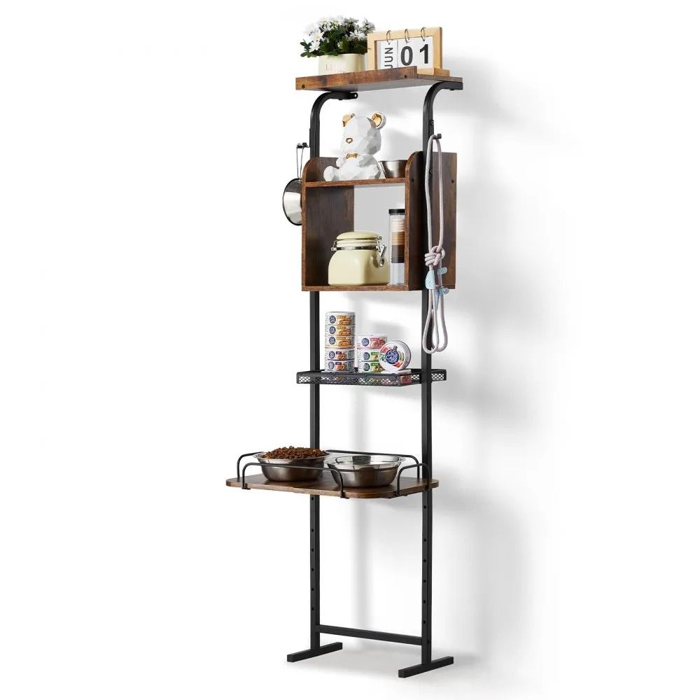 Adjustable Pet Feeding Station with Storage Shelves and Raised Dog Bowl Stand