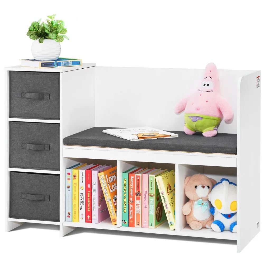 Kids Reading Nook Bench with Bookshelf Storage Cushion and 3 Drawers