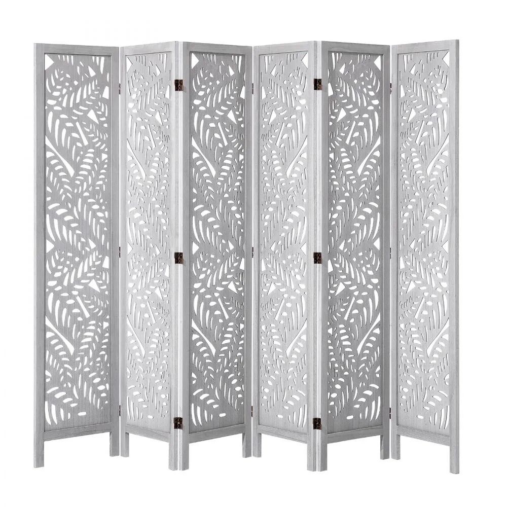 6 Panel Wood Room Divider 66.9 Inch Tall Folding Privacy Screen with Carved Bohemian Design