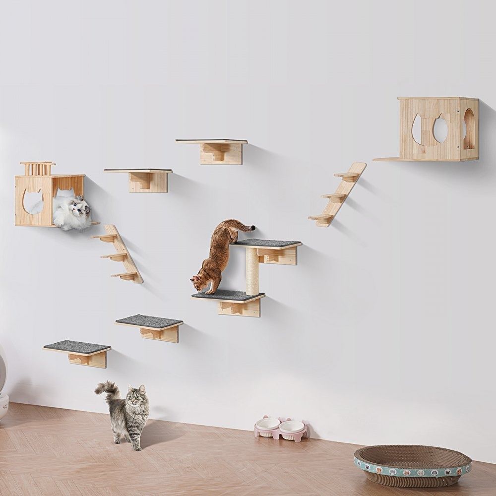 Wall Mounted Cat Shelves 9 Piece Pine Wood Cat Climbing Set with Beds Hammocks and Platforms