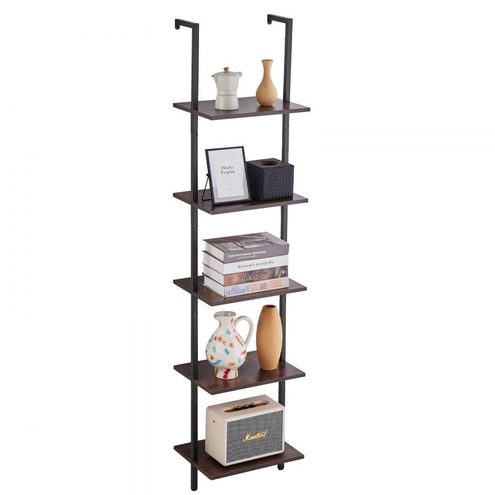 5 Tier Wall Mounted Ladder Shelf with Wood Boards and Metal Frame