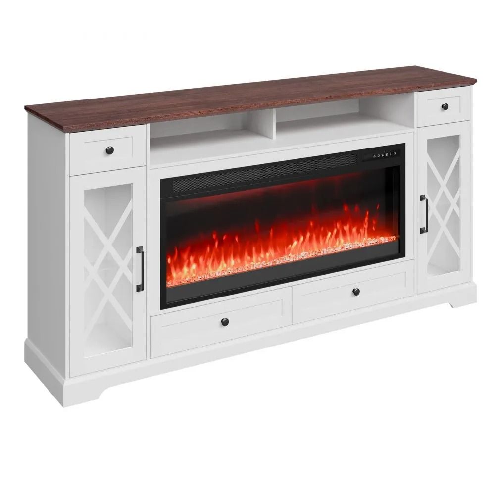 70 Inch Electric Fireplace TV Stand Corner Console Table with 42 Inch Fireplace Insert and LED Lights Brown White