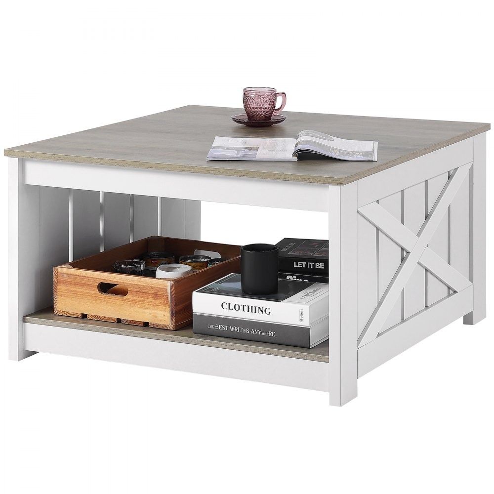 31.5 Inch Farmhouse Square Coffee Table with Open Storage Compartment Gray & White
