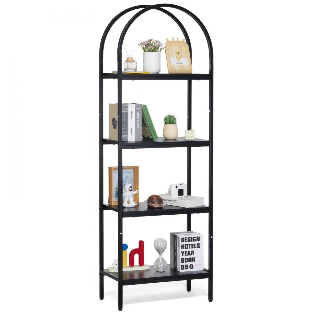 4-Tier Arched Metal Bookshelf with MDF Open Shelves