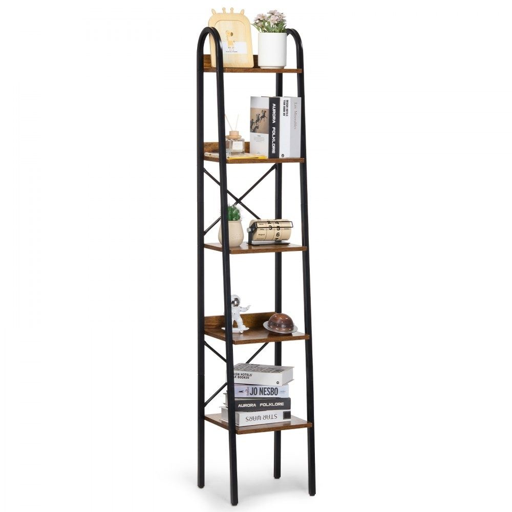 5-Tier Metal Bookshelf Tall Narrow Industrial Storage Bookcase with Open Shelves