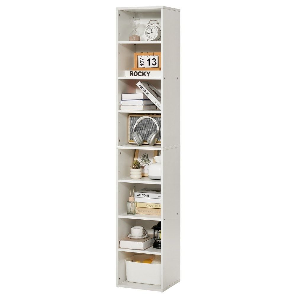 8-Tier Narrow Bookshelf 71-Inch Tall Wooden Bookcase with Adjustable Shelves White